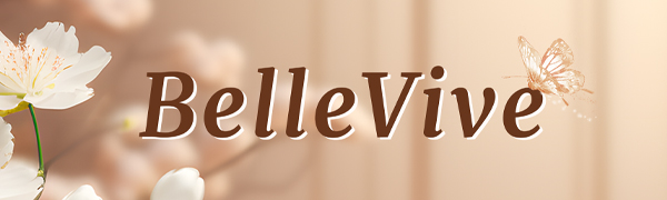 BelleVive affiché en lettres bronzes/brunes sur un fond doux et flou avec de subtils éléments