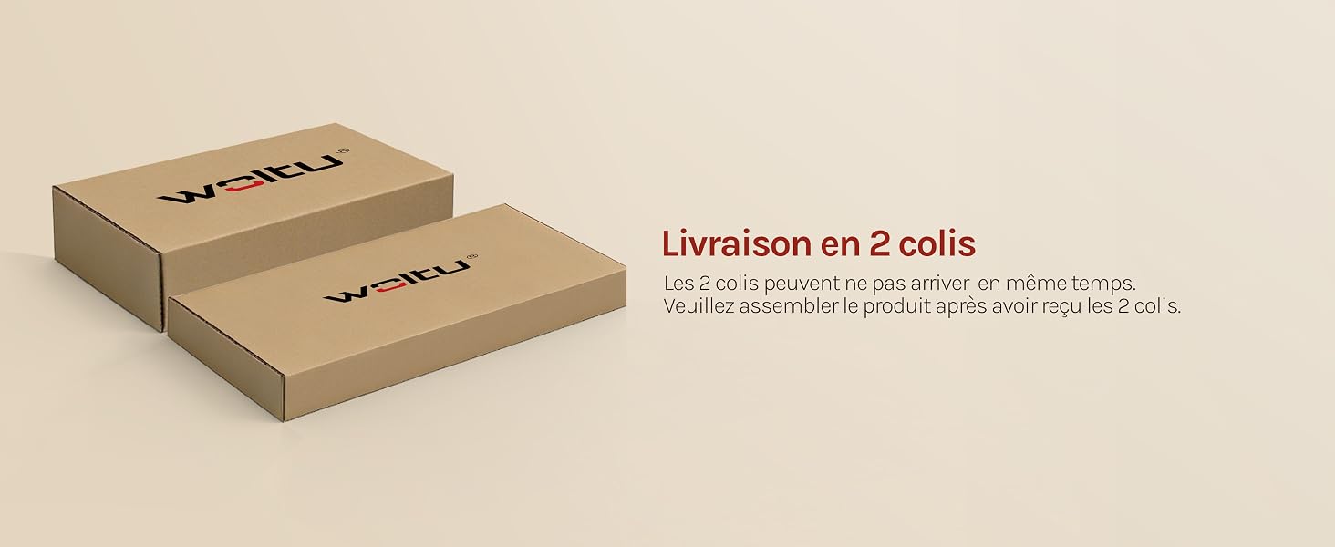 Le texte indique « Livraison en 2 colis ». Deux boîtes en carton empilées avec la marque Amazon sur fond beige. Le texte français indique l'option de livraison en deux colis avec les détails d'expédition ci-dessous.