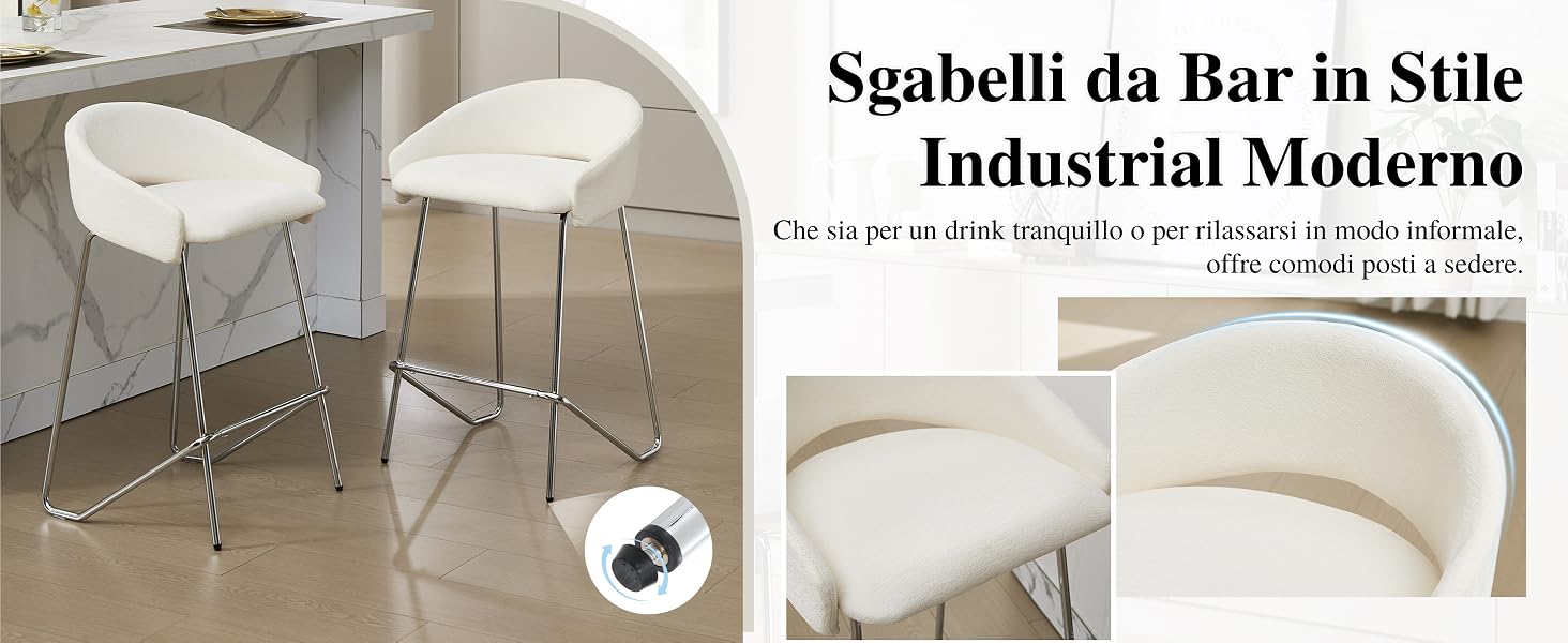 Il testo recita «Gabelli da Bar in Stile Industrial Moderno». Viste multiple di moderni sgabelli da bar bianchi in stile industriale con strutture in metallo.