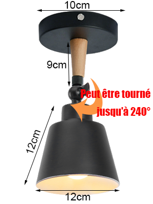 noire avec accent en bois, indiquant les dimensions et une capacité de rotation à 240 degrés