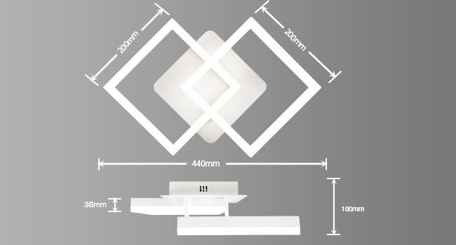 Das technische Diagramm, das geometrische weiße Muster und Maße auf grauem Hintergrund zeigt, scheint technische oder gestalterische Spezifikationen zu sein.
