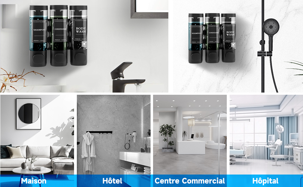 Exhibición de diseño de interiores de cuatro paneles con baños modernos y espacios interiores etiquetados como Hogar, Hotel, Centro Comercial y Hospital en francés