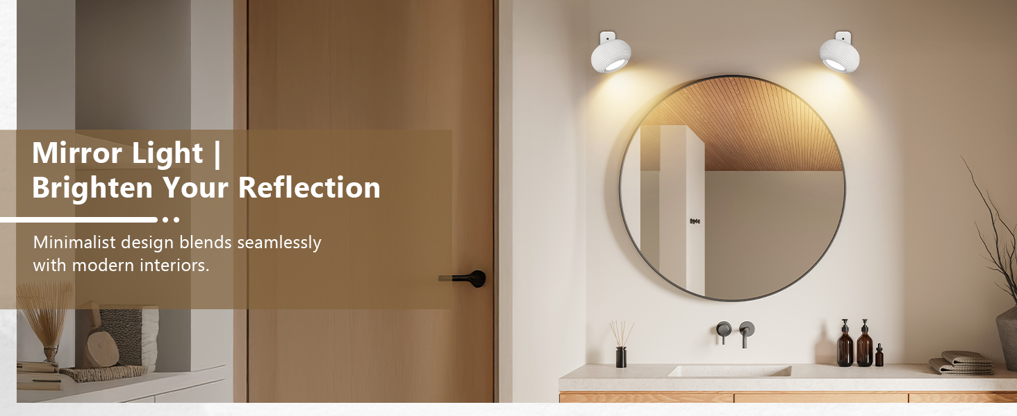 Der Text lautet „Mirror Light“ und „Brighten Your Reflection“. Szenen im Badezimmer, die montierte Leuchten über Spiegeln in modernen Umgebungen zeigen.
