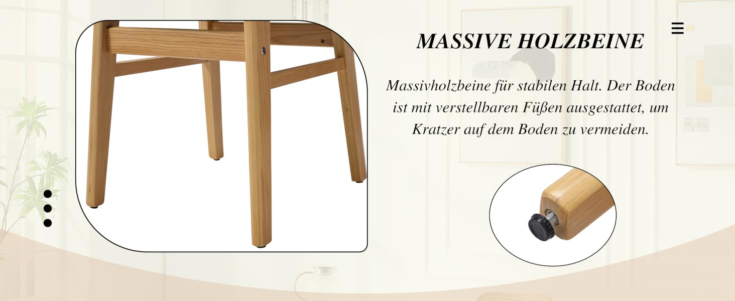Der Text lautet „MASSIVE HOLZBEINE“. Technische Produktdiagramme, die Möbelbeine aus Holz aus verschiedenen Winkeln mit Maßangaben zeigen.