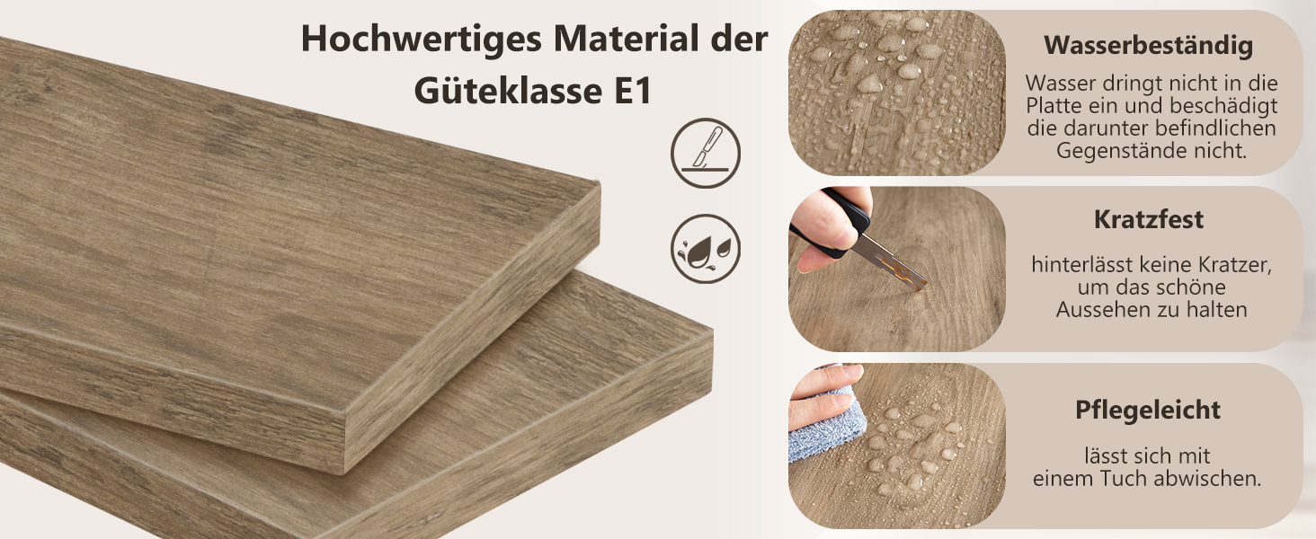 Holzdielen zeichnen sich durch Wasserbeständigkeit, Kratzfestigkeit und einfache Wartung aus. Text in deutscher Sprache hebt hochwertiges Material der Klasse E1