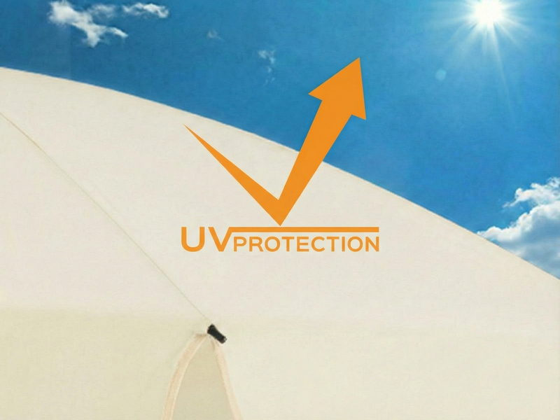 Text reads 'UV PROTECTION' with orange arrow symbol against sunny sky and white sand dune background across multiple panels.