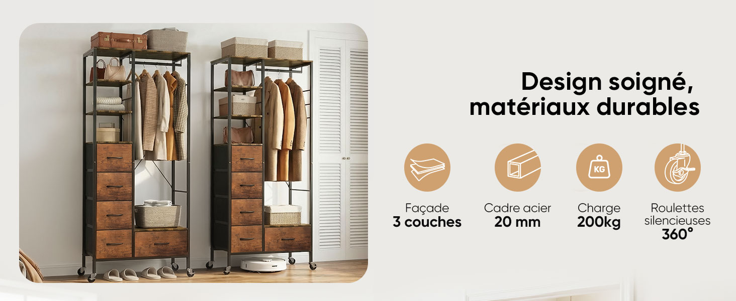 Série de photos de produits montrant un système de garde-robe modulaire avec finition en bois. Comprend des portes coulissantes, une organisation intérieure et un design moderne épuré dans des tons naturels.