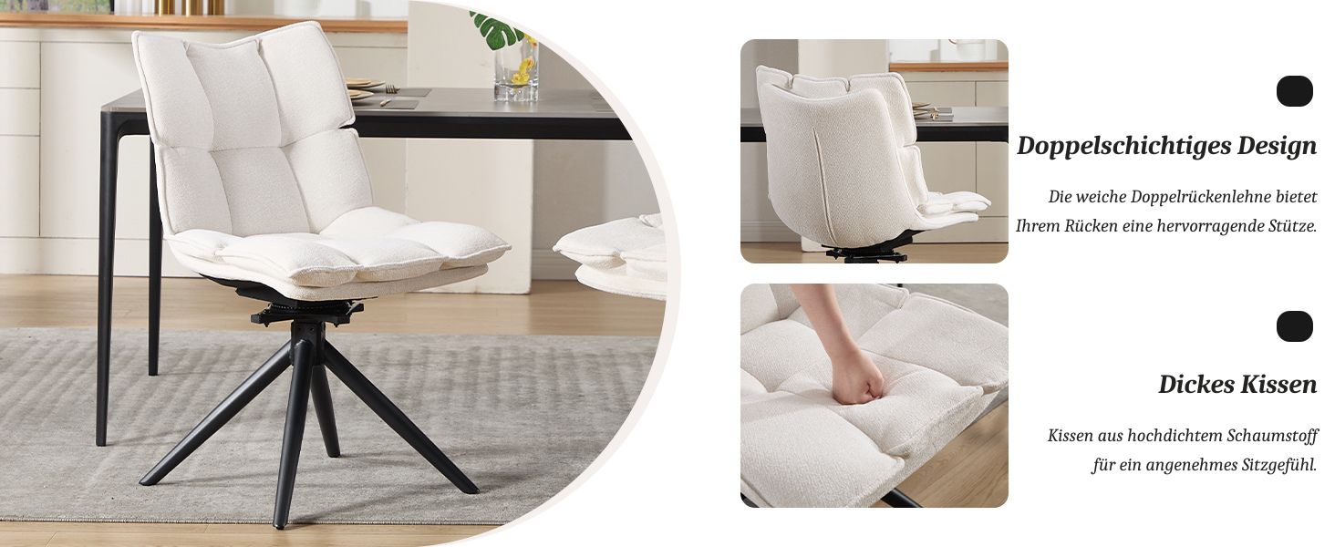 Mehrere Ansichten eines Esszimmerstuhls in modernem Design mit hellen Polstern und schwarzen Metallbeinen. Produktfotos zeigen die Montage und das Styling in der häuslichen Umgebung.