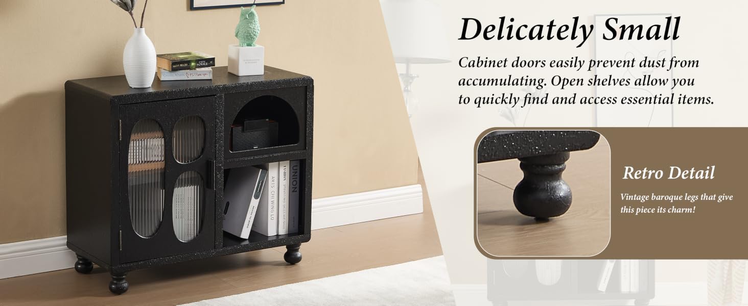 Text reads 'Delicately Small' and 'Retro Detail'. Mobile bar cabinet in dark finish with caster wheels and bottle storage, featuring decorative hardware detail.