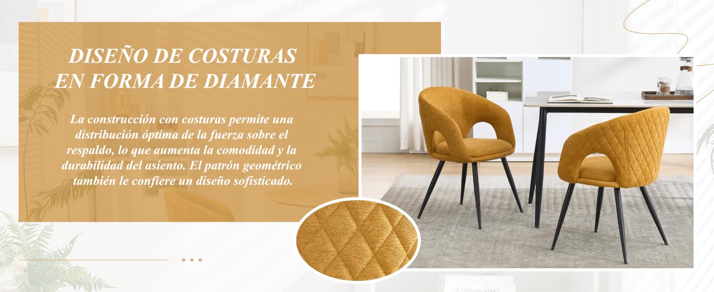El texto en francés menciona «DIAMANTE». Imágenes de diseño de interiores con sillas decorativas de color amarillo mostaza y elementos decorativos sobre un fondo neutro.