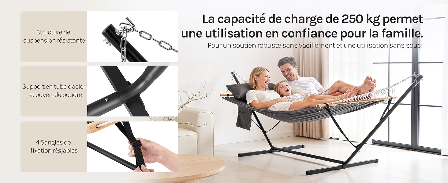 Le texte indique « La capacité de charge de 250 kg permet une utilisation en toute tranquillité ». Images de démonstration supplémentaires d'équipements d'exercice avec des spécifications textuelles en français.