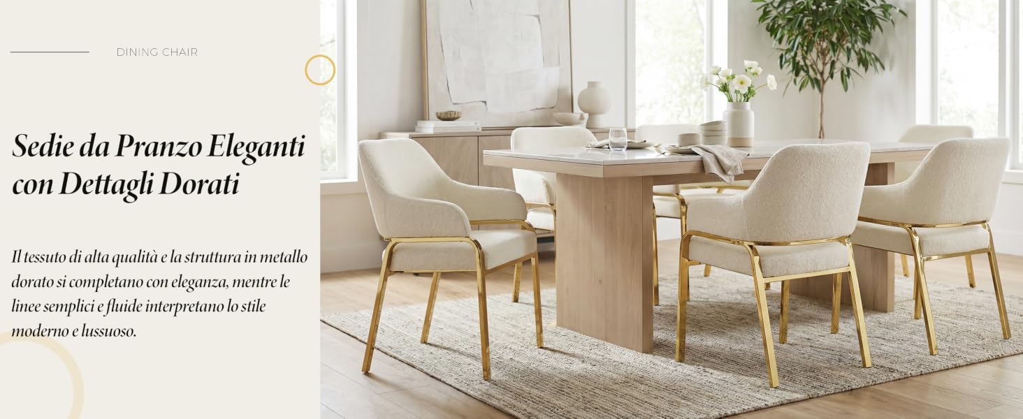 Moderno interno della sala da pranzo con sedie imbottite bianche attorno a un tavolo di legno, adagiato su un tappeto neutro con illuminazione naturale dalle finestre.