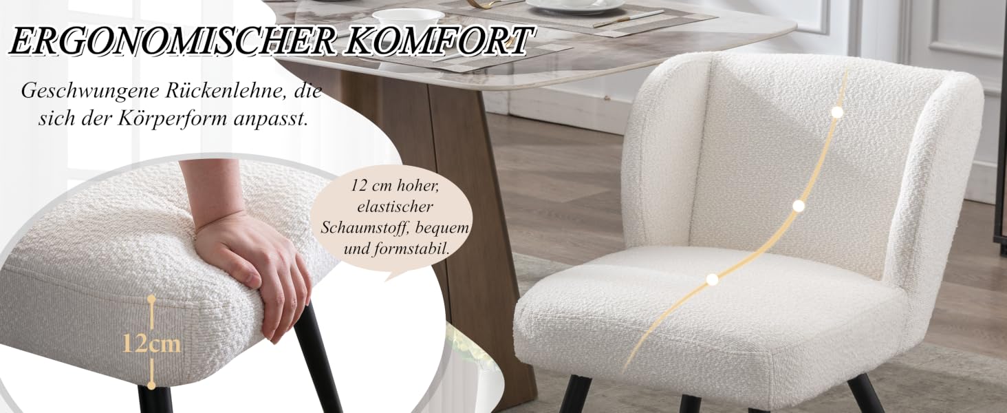 Der Text lautet „ERGONOMISCHER KOMFORT“. Der weiße, strukturierte, dehnbare Stuhlbezug, der auf einem modernen Esszimmerstuhl abgebildet ist, zeichnet sich durch einfache Installation und gute Passform aus.