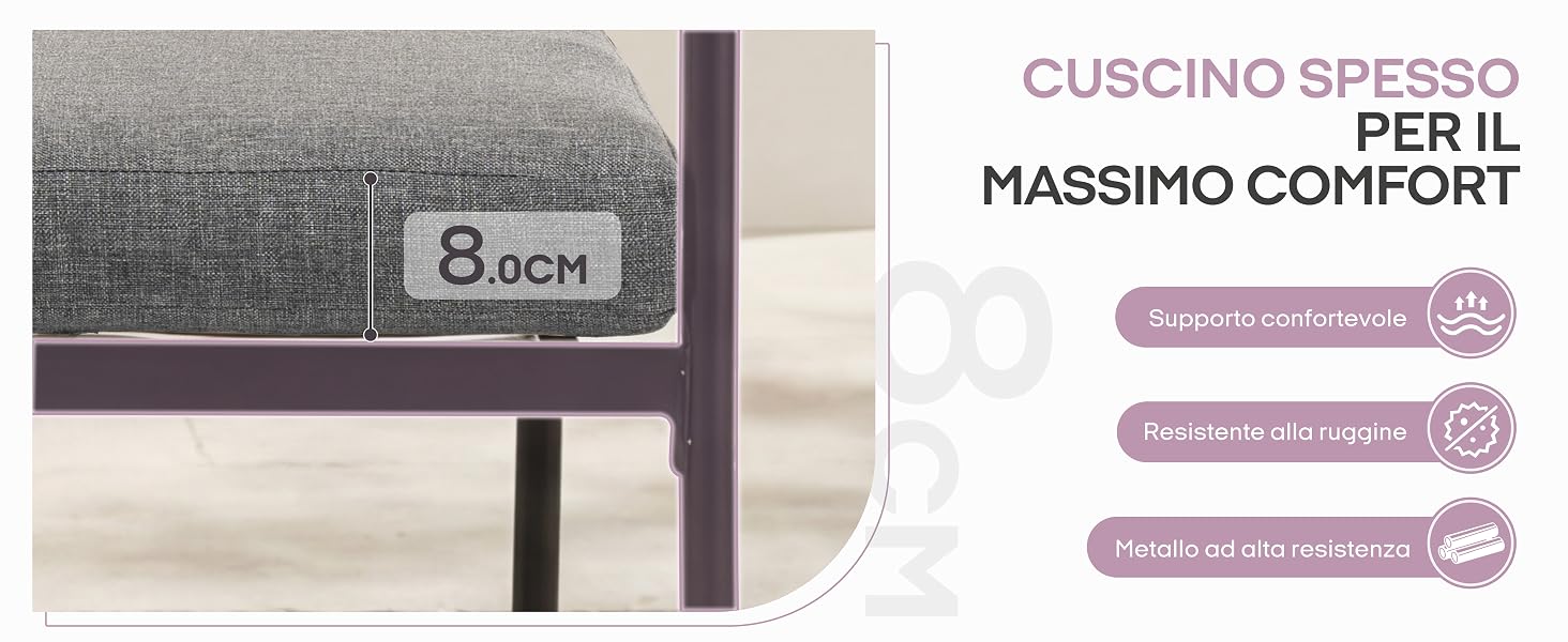 Il testo recita «CUSCINO SPESSO PER IL MASSIMO COMFORT» e «8.ıcm». Cuscino prodotto in tessuto a righe grigio e beige, caratterizzato da tre badge benefit che evidenziano le caratteristiche di comfort in italiano.