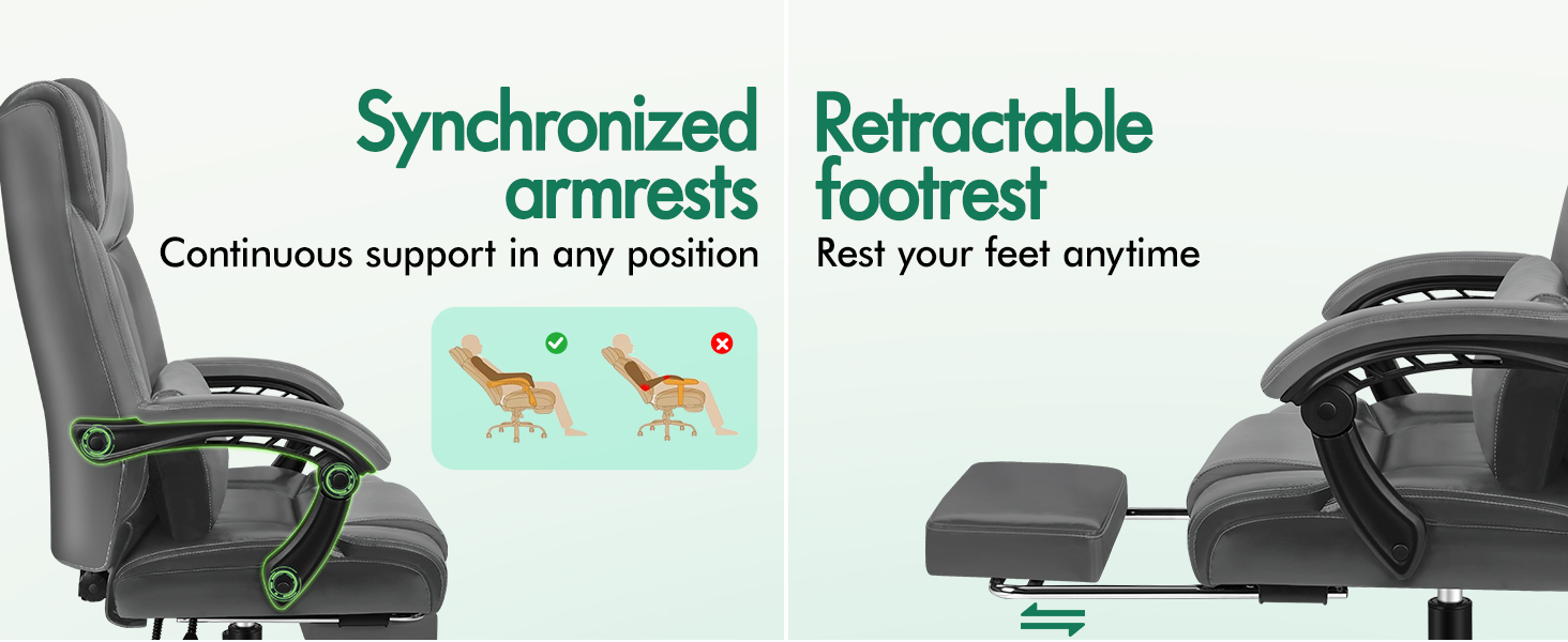 Text reads 'Synchronized Retractable armrests footrest'. Office chair features demonstrating adjustable components and ergonomic design elements.