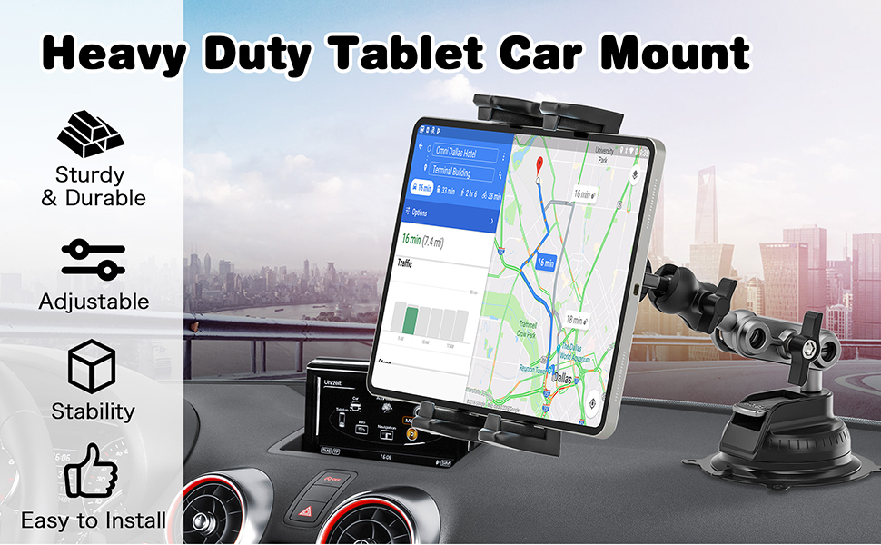 Robusto supporto per tablet da auto con maniglia regolabile, base a ventosa e braccio estensibile. L'app di navigazione viene visualizzata sul tablet montato.