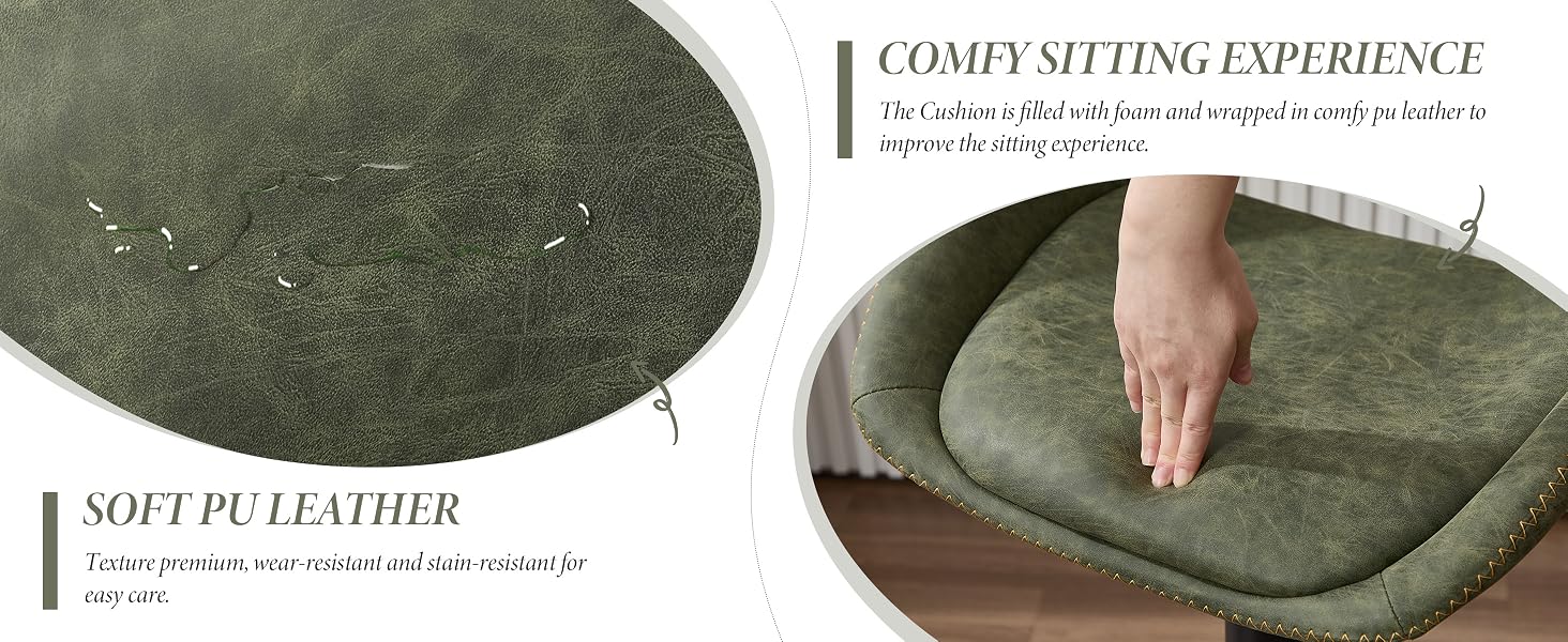 Text reads 'COMFY SITTING EXPERIENCE' and 'SOFT PU LEATHER'. Green cushioned pet bed or furniture piece shown from multiple angles, featuring plush material.