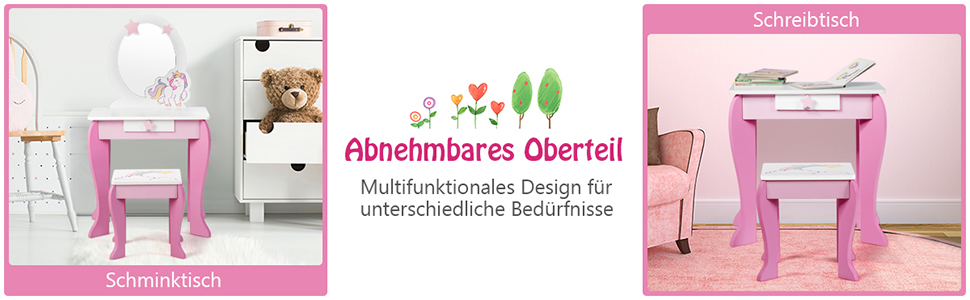 Kinder Schminktisch mit Hocker Prinzessin Frisiertisch weiss Schublade abnehmbarer Spiegel