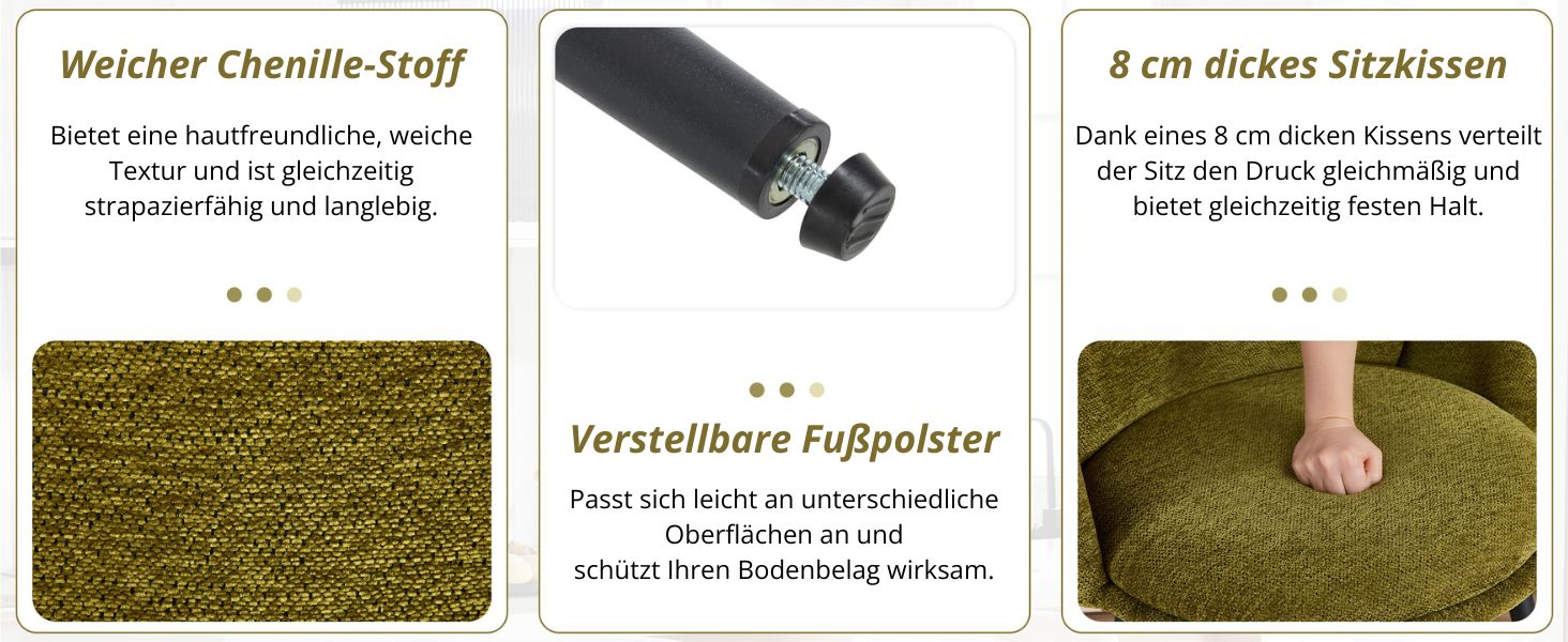 Text auf Deutsch 'Welcher Chenille-Stoff versteckt... '. Bilderserie, die eine strukturierte grüne Stoff- oder Materialoberfläche zeigt.