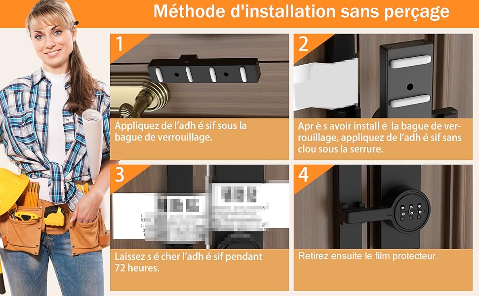 Le texte se lit comme suit : « Méthode d'installation sans perçage ». Guide d'installation montrant le processus de montage étape par étape avec des images des méthodes d'installation, de l'application de l'adhésif et du placement des appareils muraux.