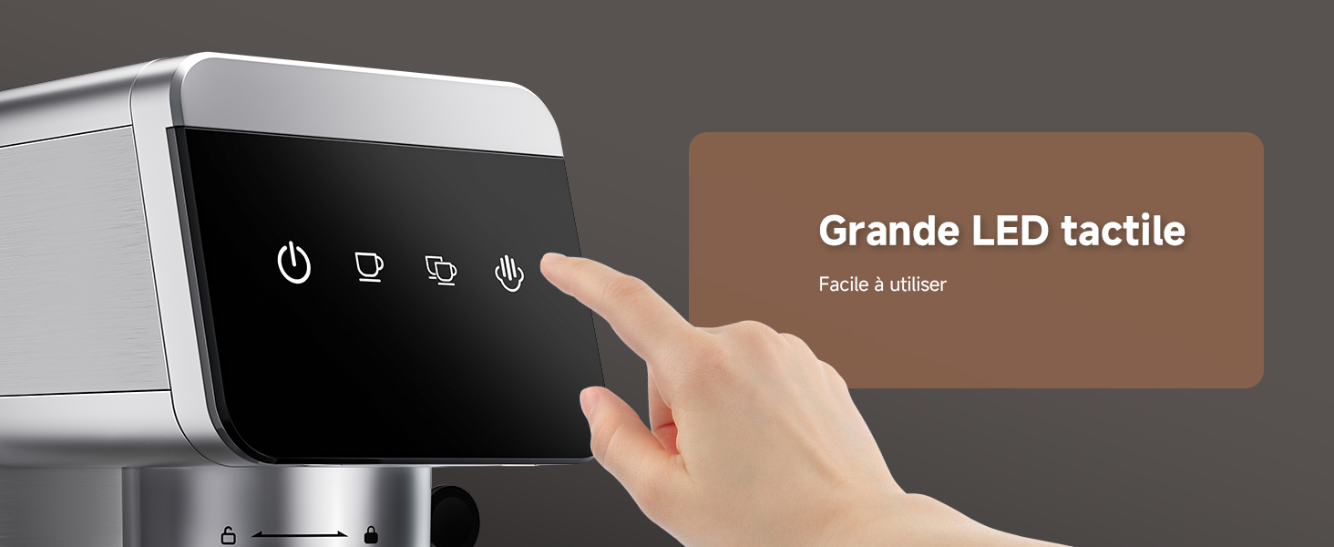 Gros plan du panneau de commande tactile d'un appareil moderne avec des icônes LED pour l'alimentation et d'autres fonctions, avec un doigt illustrant l'interface tactile