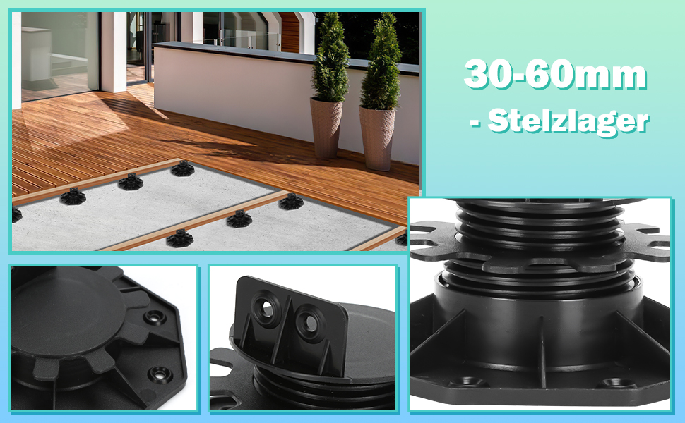 Image composite des composants du système de terrasse. L'image principale montre une terrasse en bois avec des supports réglables. Les encarts présentent des gros plans de pièces de support en plastique noir