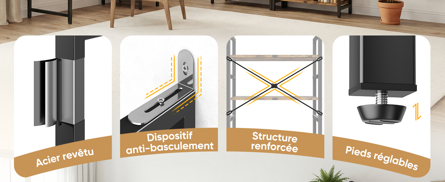 Série d'images montrant des éléments d'étagères métalliques ou de rayonnages de rangement réglables, présentant différents angles et configurations d'assemblage avec supports.