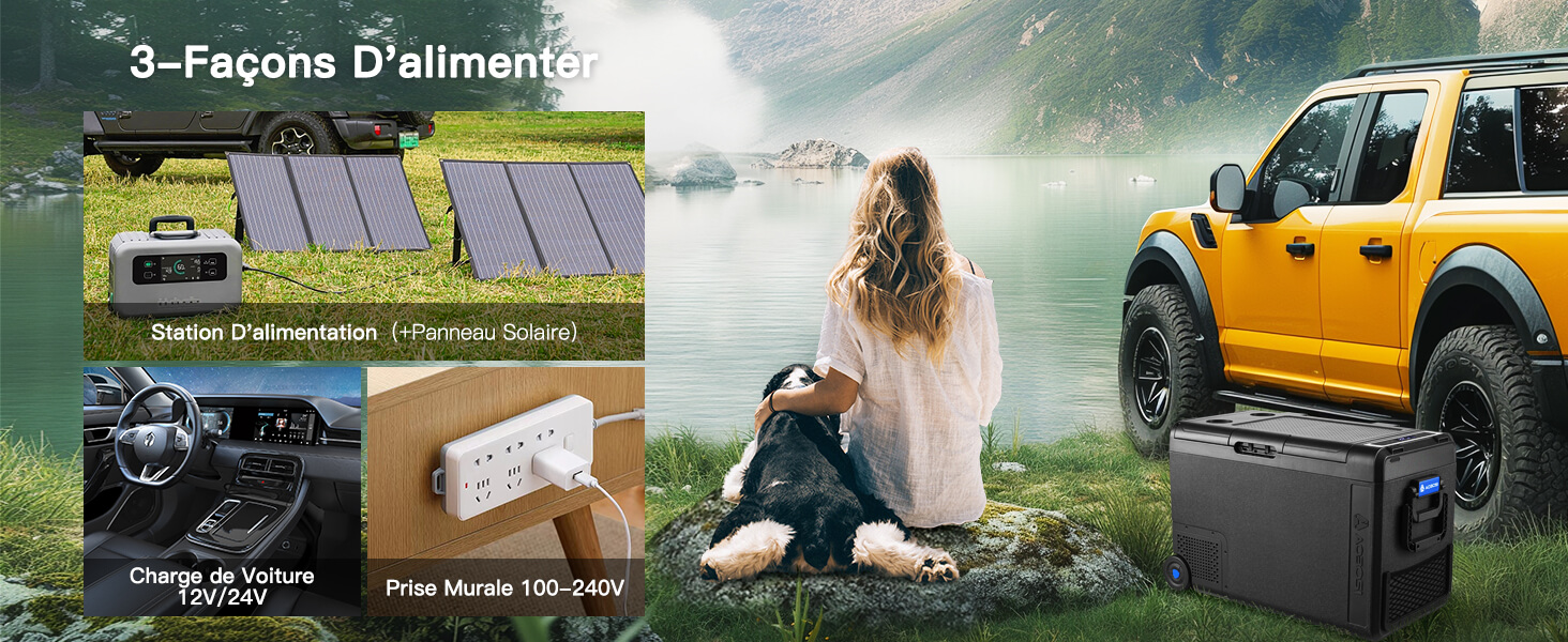 montrant des panneaux solaires, une centrale électrique portable, un véhicule tout-terrain jaune et une personne assise à l'extérieur, illustrant diverses options d'alimentation électrique