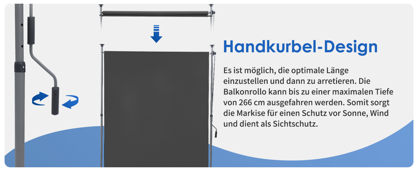 Diagramm einer ausziehbaren Balkonblende mit manueller Kurbelkonstruktion. Zeigt einen Bildschirm, der bis zu 250 cm tief ist und Sonnen- und Windschutz bietet. Inklusive deutschem Text zur Erläuterung der Funktionen.