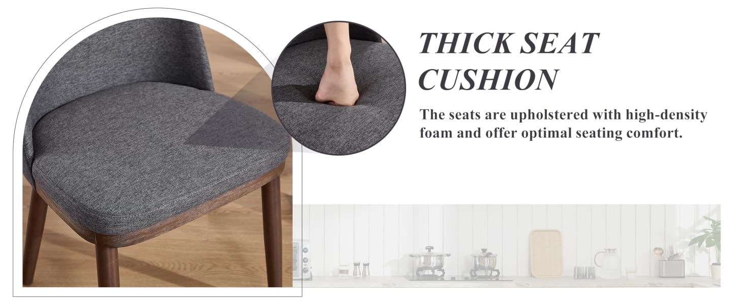 Text reads 'THICK SEAT CUSHION'. Gray seat cushion product photos showing different angles and close-up texture details of high-density foam construction.