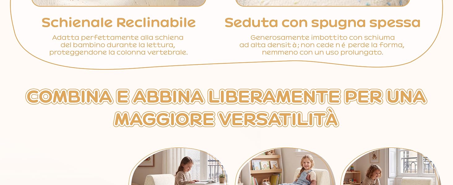 Il testo recita «Schienale Reclinabile», «Seduta con spugna spessa», «COMBINA E ABBINA LIBERAMENTE PER UNA MAGGIORE VERSATILITÀ». Foto degli interni di tre camere sotto il testo che mostrano la disposizione dei mobili.