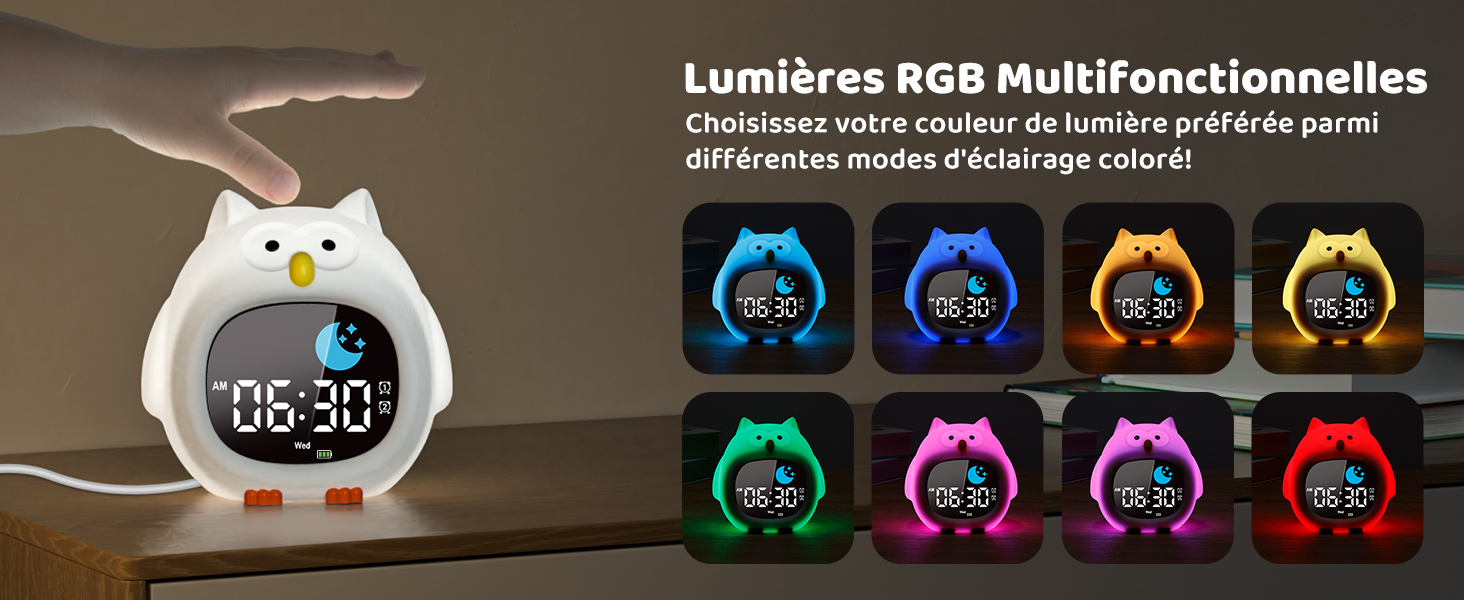 Der Text lautet: 'Multifunktionale RGB-Beleuchtung'. Eulenförmiger Wecker mit Digitalanzeige, der verschiedene farbige RGB-Beleuchtungsmodi anzeigt.