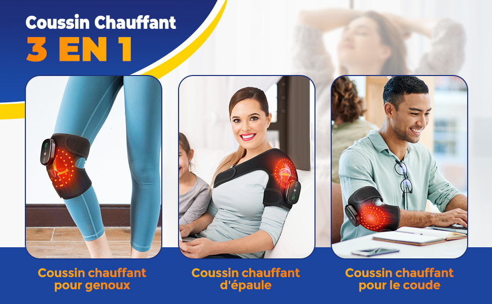 Image à trois panneaux de l'utilisation du coussin chauffant : sur les genoux, le bas du dos et pendant le travail. Le texte en français le décrit comme un « coussin chauffant 3 en 1 »
