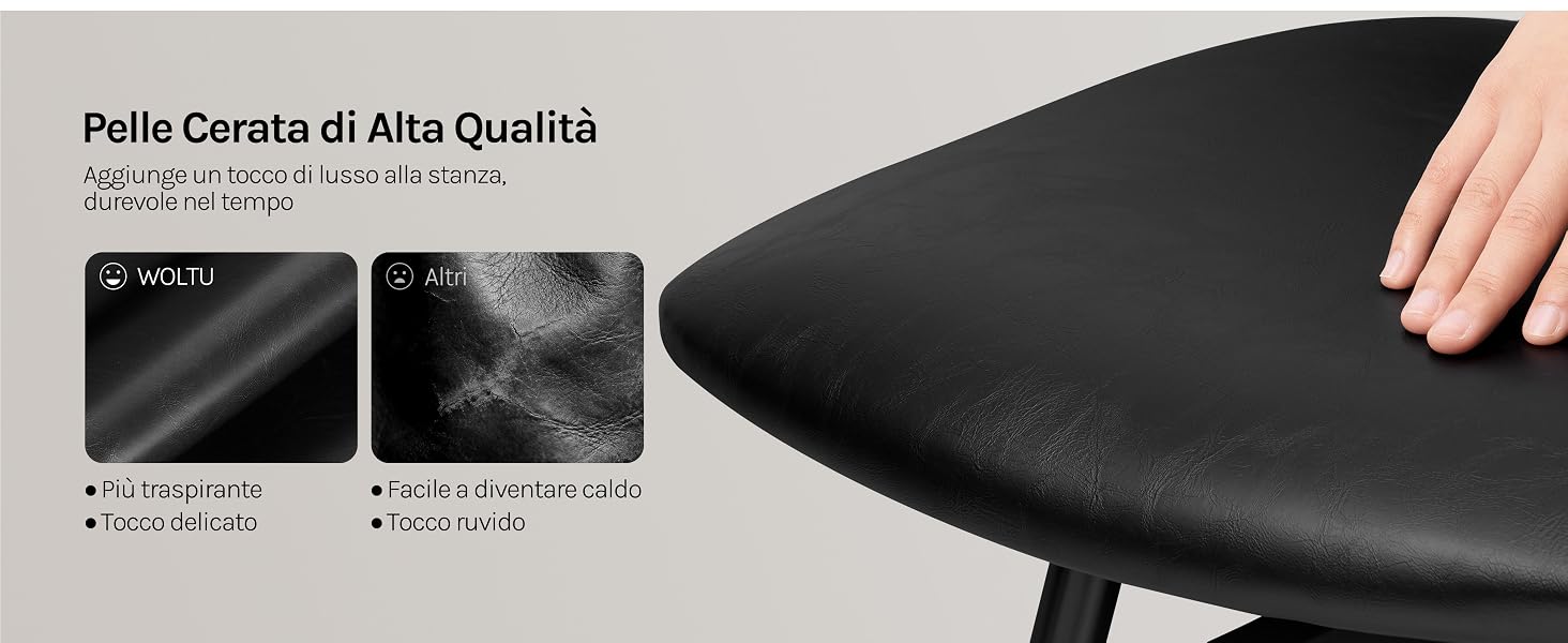 Il testo recita «Pelle Cerata di Alta Qualità». Dimostrazione tecnica del prodotto che mostra una superficie nera con dettagli ravvicinati.