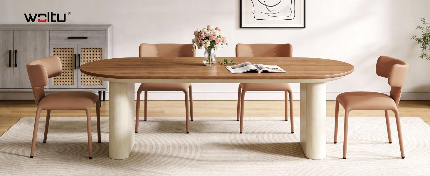 Text reads 'WALTU'. Modern oval dining table with cream-colored pedestal base and wooden top, surrounded by brown upholstered chairs in minimalist design.