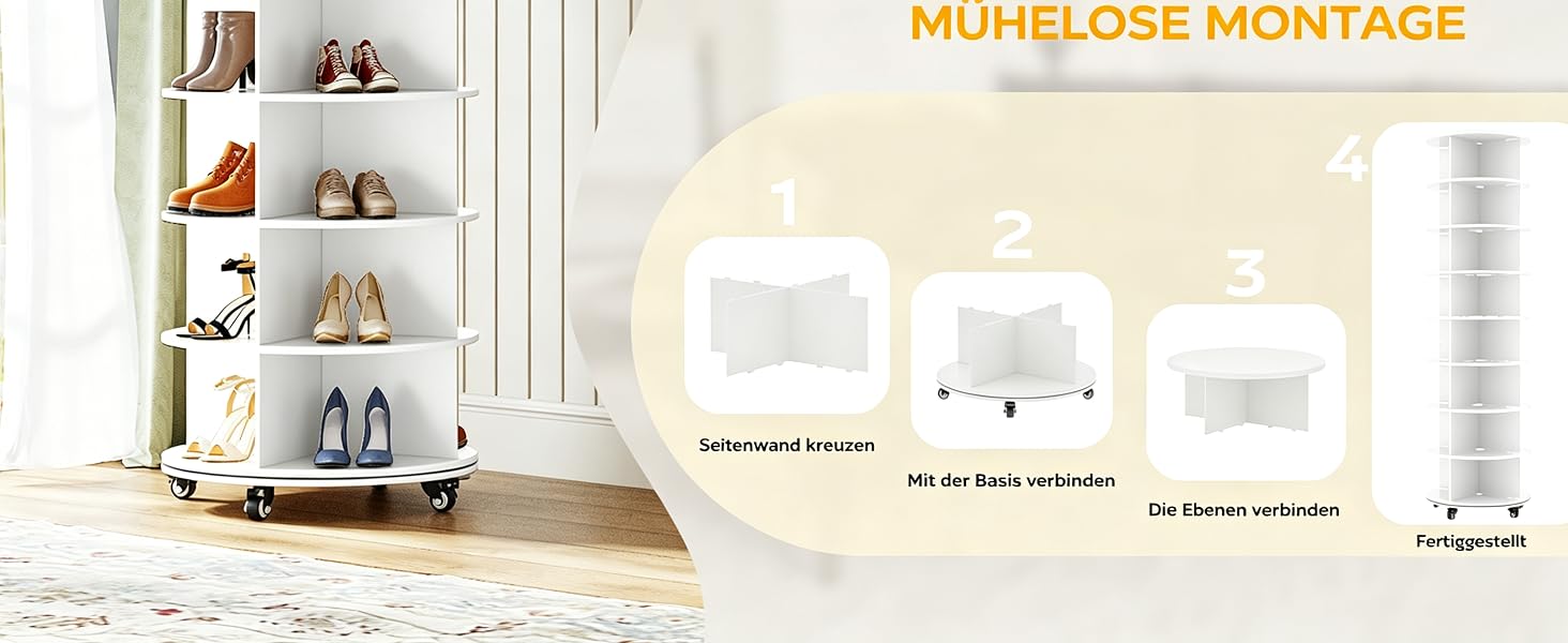Der Text lautet „MÜHELOS MONTAGE“ (Mühelose Montage). Innenraum mit weißem Regal, zusammengefalteten Kartons und Grafiken mit Anleitungen zur Produktmontage.