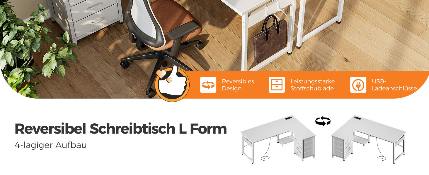 L-förmiger Wendetisch mit weißer Tischplatte und Metallrahmen. Inklusive Montageanleitung, Abmessungen und Lieferinformationen. Wird im Heimbüro mit Stuhl und Pflanze gezeigt.