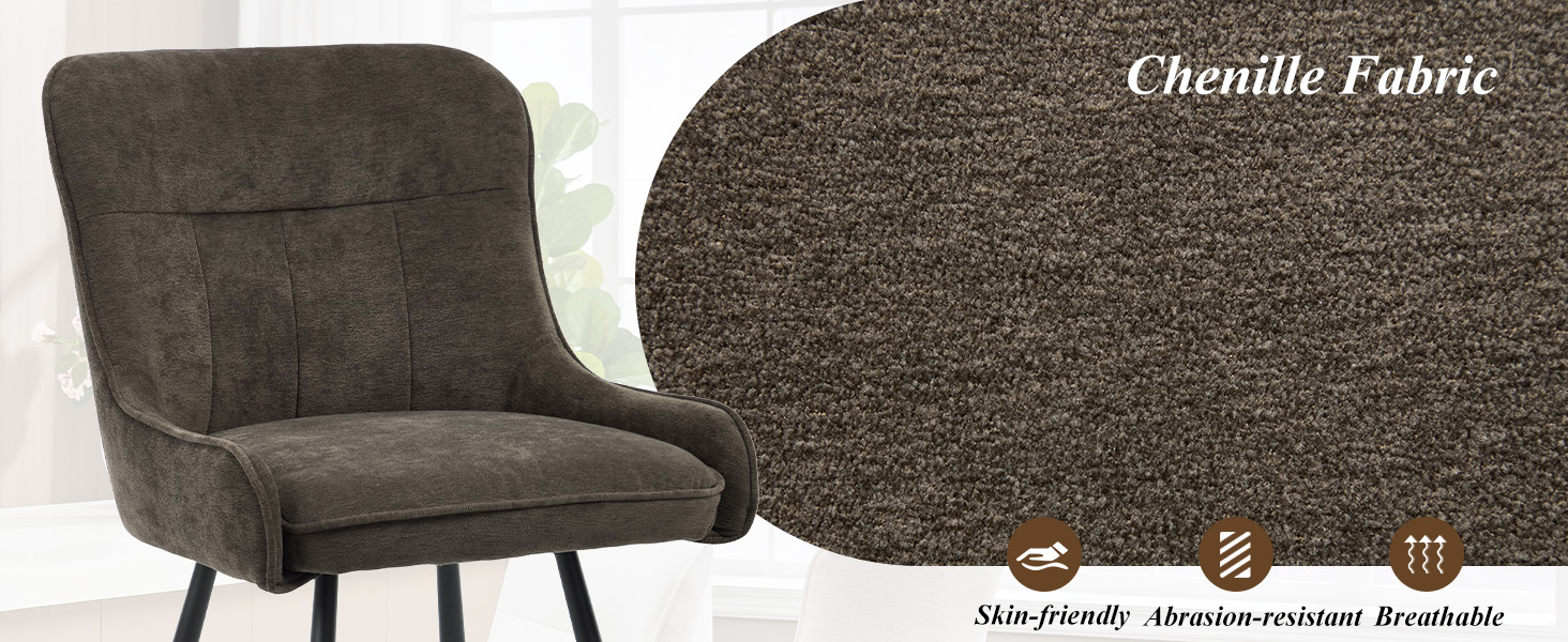 Text reads: 'Chenille Fabric' Brown textured upholstery fabric shown across multiple furniture pieces, demonstrating material quality and appearance.