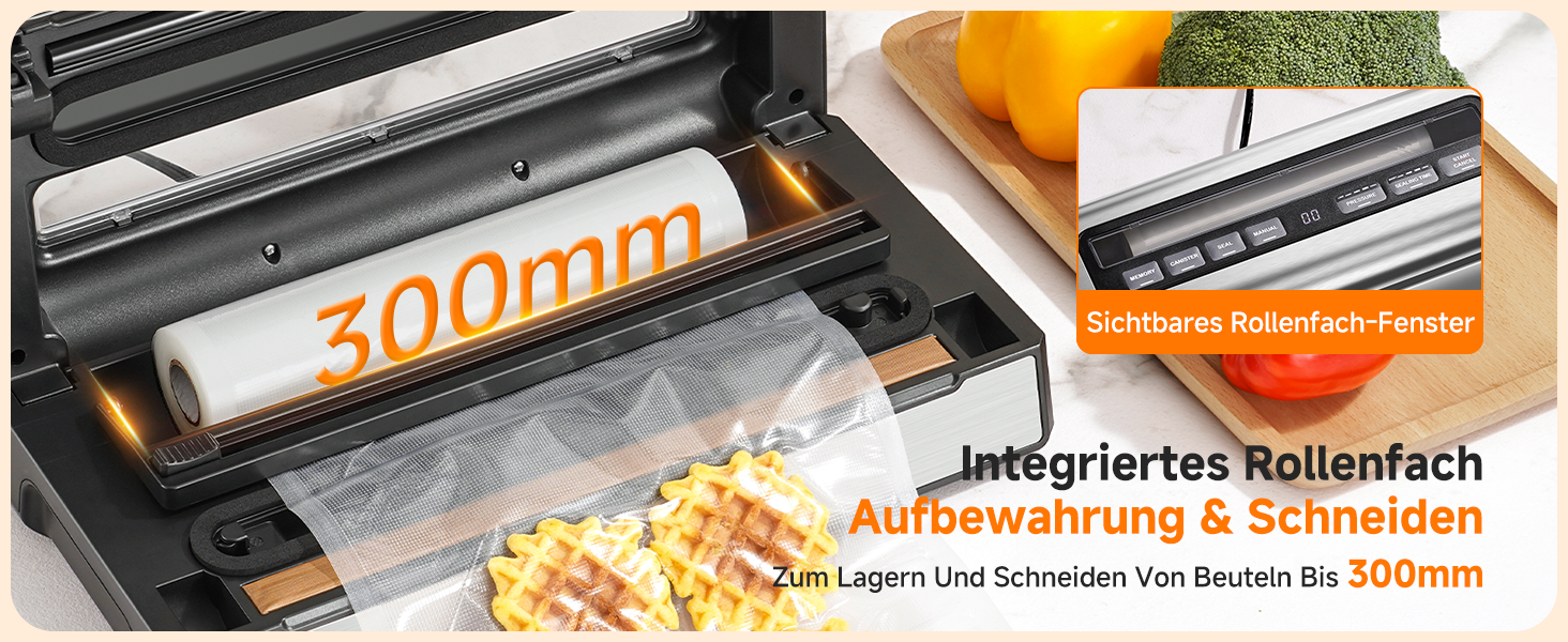 Der Text lautet „300mm“ und „Integriertes Rollenfach Aufbewahrung &amp; Schneiden“. Das Produktbild zeigt, was wie ein Lager- oder Schneidgerät aussieht.