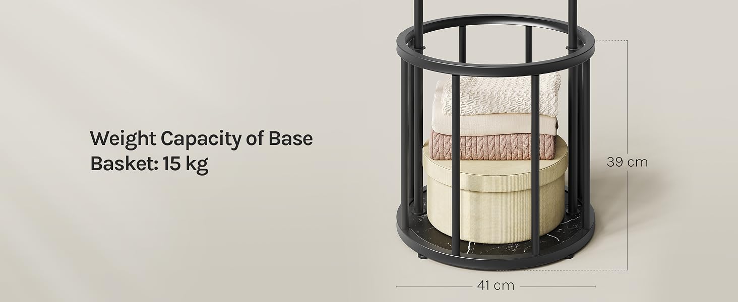 Text reads 'Weight Capacity of Item Reaches 10 kg'. Black cylindrical mesh storage basket with measurement scale displayed against white background.