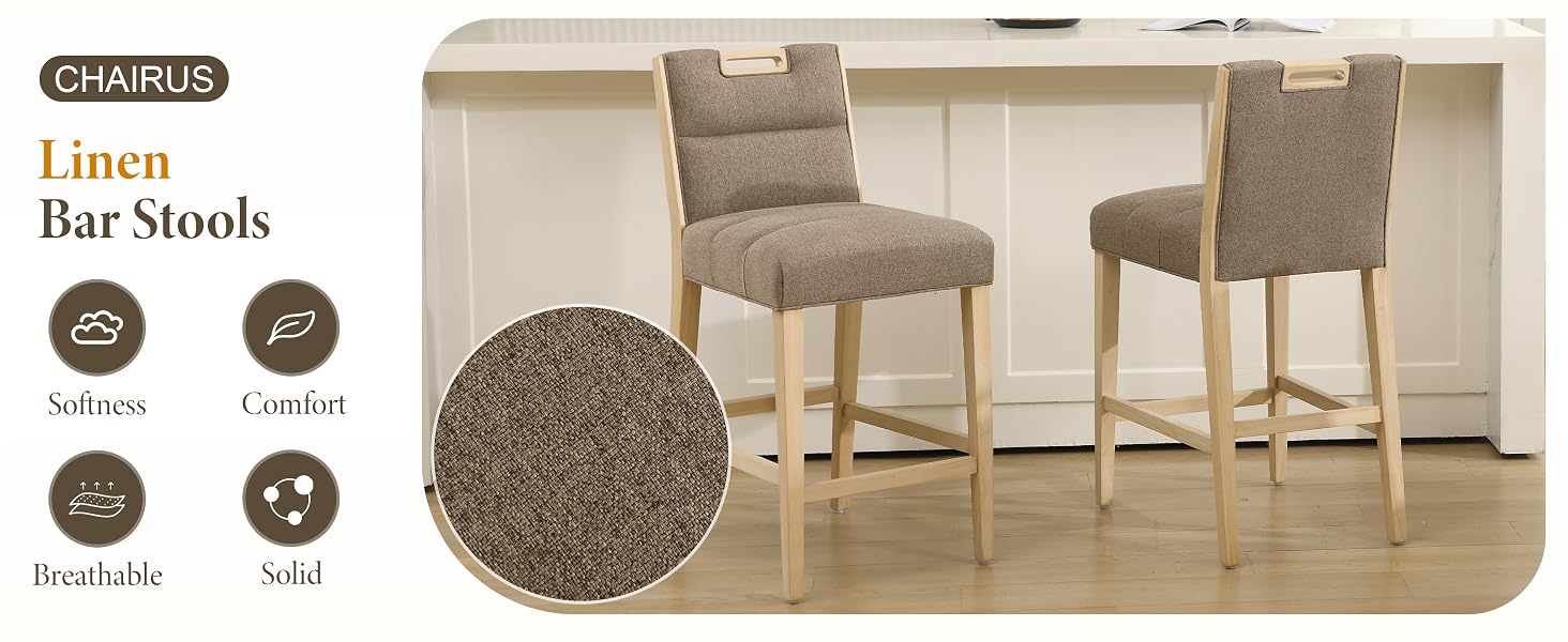 Collection of bar stools and chairs in beige and neutral tones. Product images showing fabric texture details and wood finishes against white background. Multiple views display seat construction and leg designs.