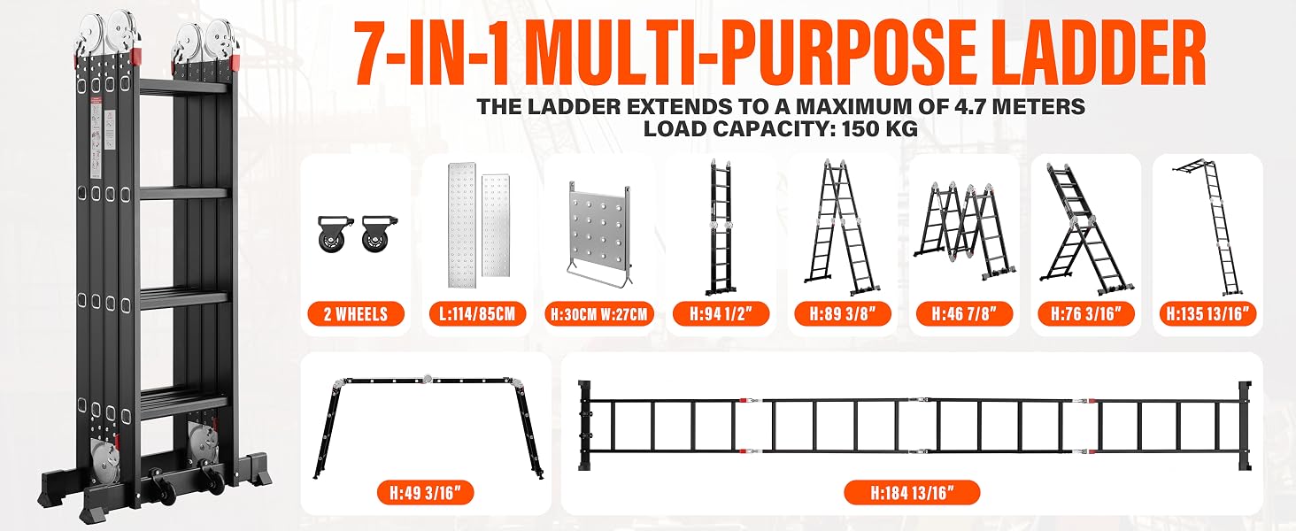 Il testo dice «SCALA MULTIUSO 7 IN 1». Diagramma del prodotto che mostra varie configurazioni di un sistema di scale regolabili con diverse posizioni e altezze.