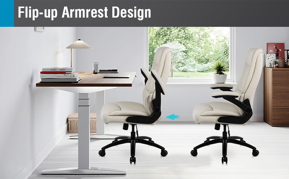 Text reads 'Flip-up Armrest Design'. Sleek office workstations with adjustable monitor arms and wooden desks in a modern office setting with natural lighting.