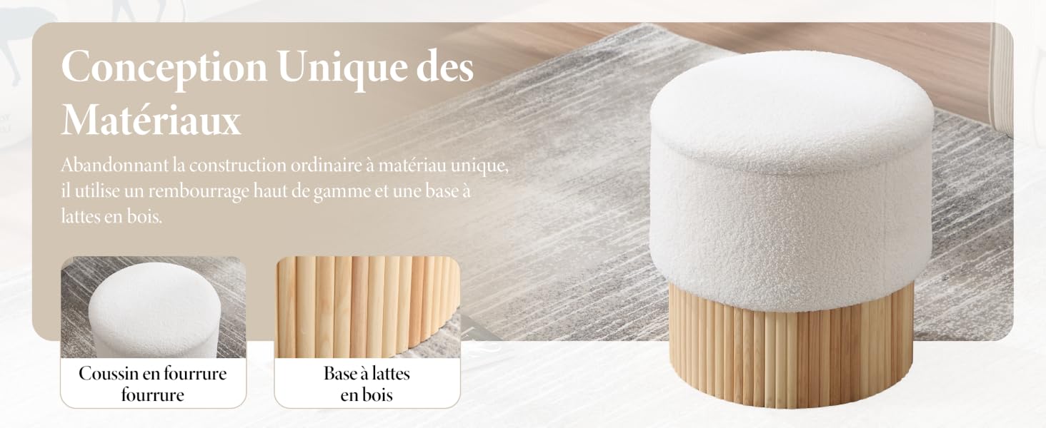 Le texte se lit comme suit : « Conception Unique des Matériaux ». Présentoirs de produits cylindriques blancs sur une surface en bois clair avec une esthétique minimaliste et un texte en français.