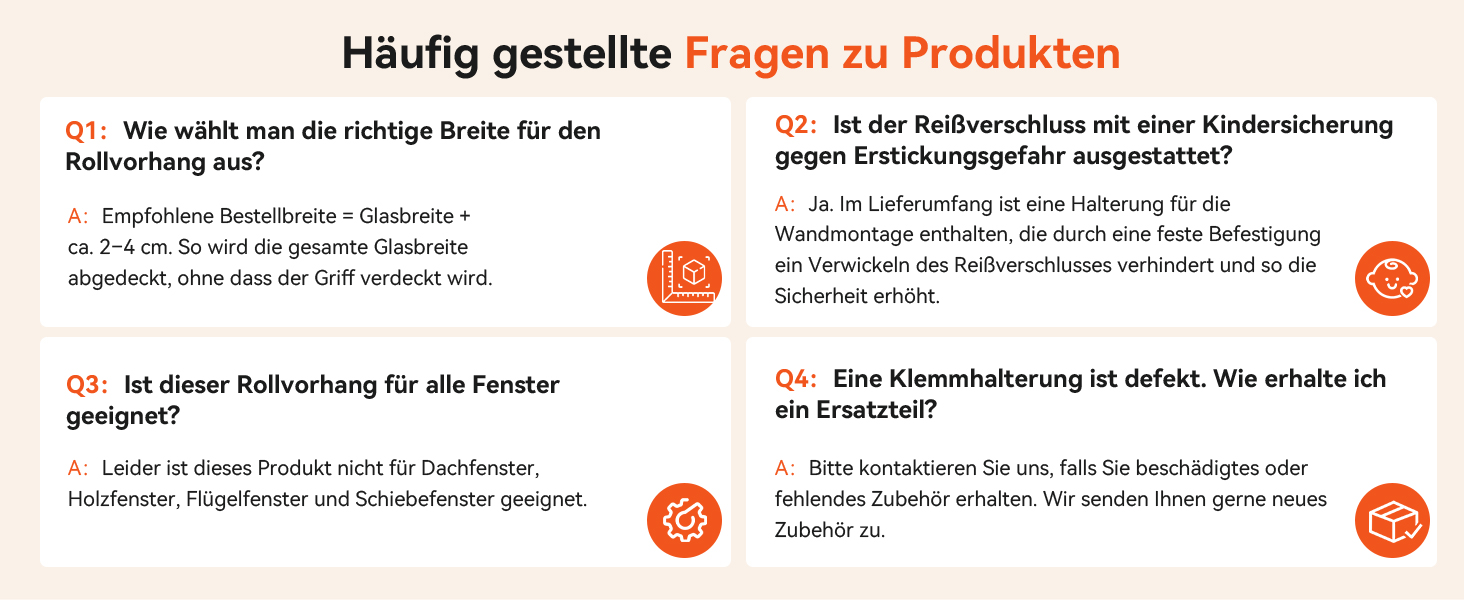 Der Text lautet „Häufig gestellte Fragen zu Produkten“ mit mehrfach nummerierten Q &amp; A-Abschnitten und orangefarbenen kreisförmigen Symbolen vor hellem Hintergrund.