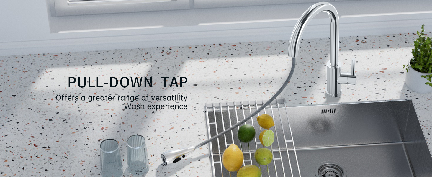 Pull-down kitchen faucet with curved neck over a stainless steel sink. Text indicates 'PULL-DOWN TAP' and mentions versatility.