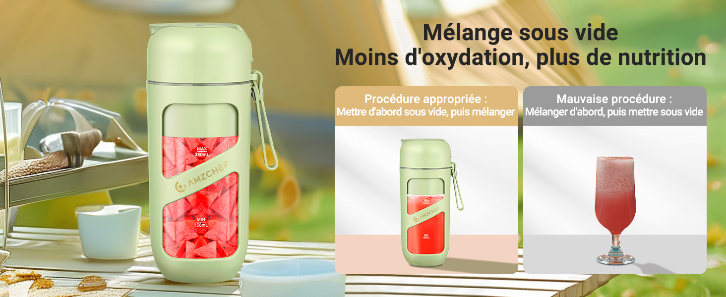 Récipient scellé sous vide vert menthe démontrant les méthodes de mélange appropriées et inappropriées, indiquant la teneur en fruits frais et la comparaison des boissons qui en résulte