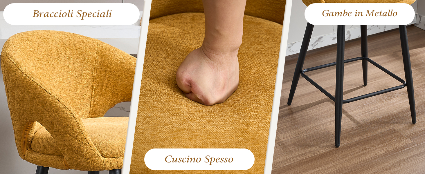 Il testo dice «Couches Stretch». Serie di immagini che mostrano un tessuto elastico di colore giallo dorato che viene tirato e testato per verificarne l'elasticità sui mobili.