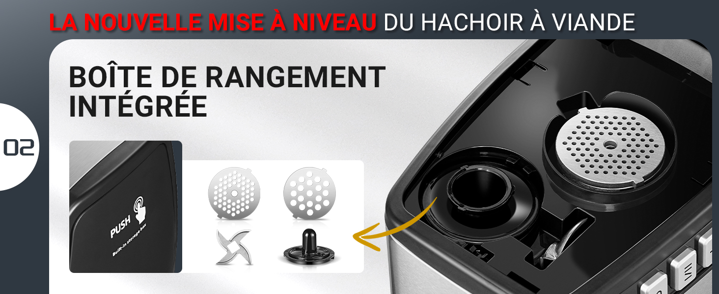 avec boîte de rangement intégrée. L'image montre le corps de la meuleuse et deux disques perforés. Le texte français décrit les nouvelles fonctionnalités du hachoir à viande.