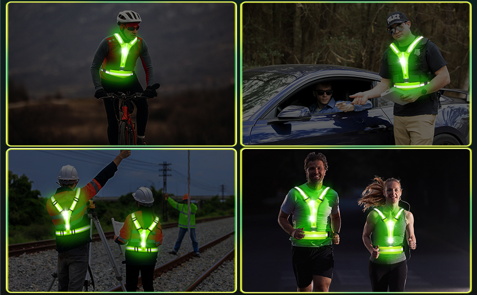 Image à quatre panneaux présentant des gilets de sécurité à DEL verts portés par des personnes dans divers environnements extérieurs, notamment à vélo